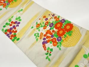 秋草・花籠に霞模様織出し袋帯